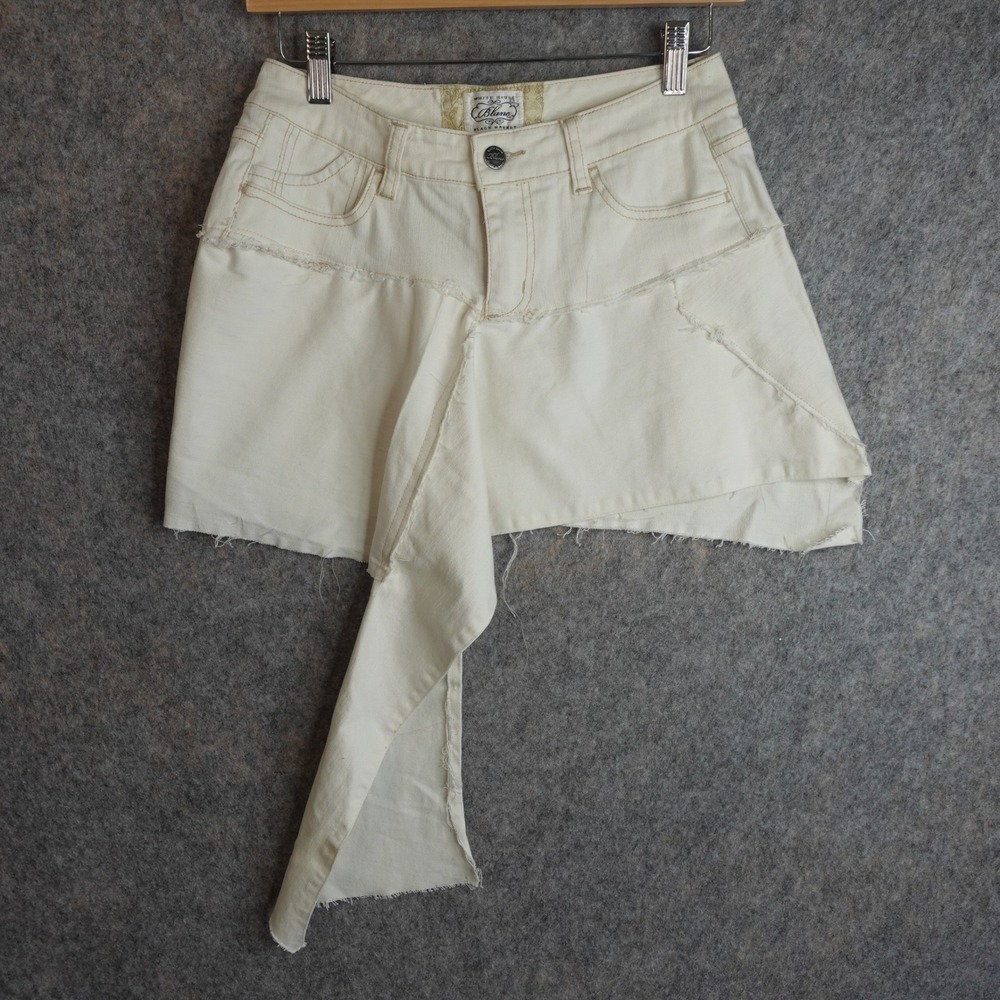 Y2K Upcycled Denim Mini Skirt Womens 0 Cream Raw Hem Asymmetric Patch Reworked